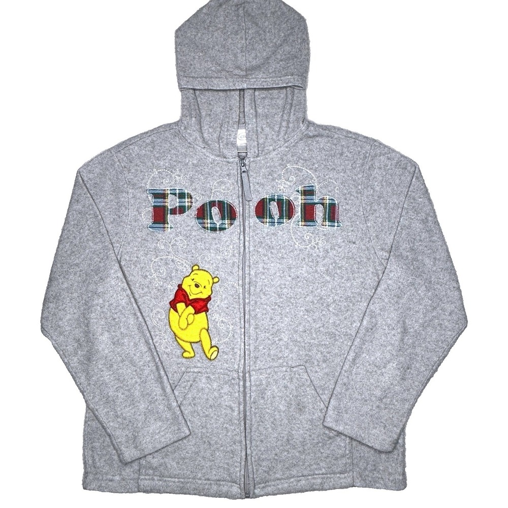 Vtg nDisney Winnie the Pooh Hoodie Women M Gray Zip Up Embroidered Plaid Letters